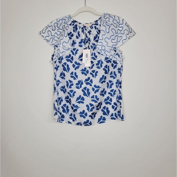 Rebecca Taylor Perla Printed Ruffled Silk Top In Snow Combo S - Picture 3 of 9